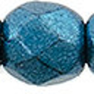 May include: A strand of six teal blue faceted glass beads. The beads have a textured, hammered finish.