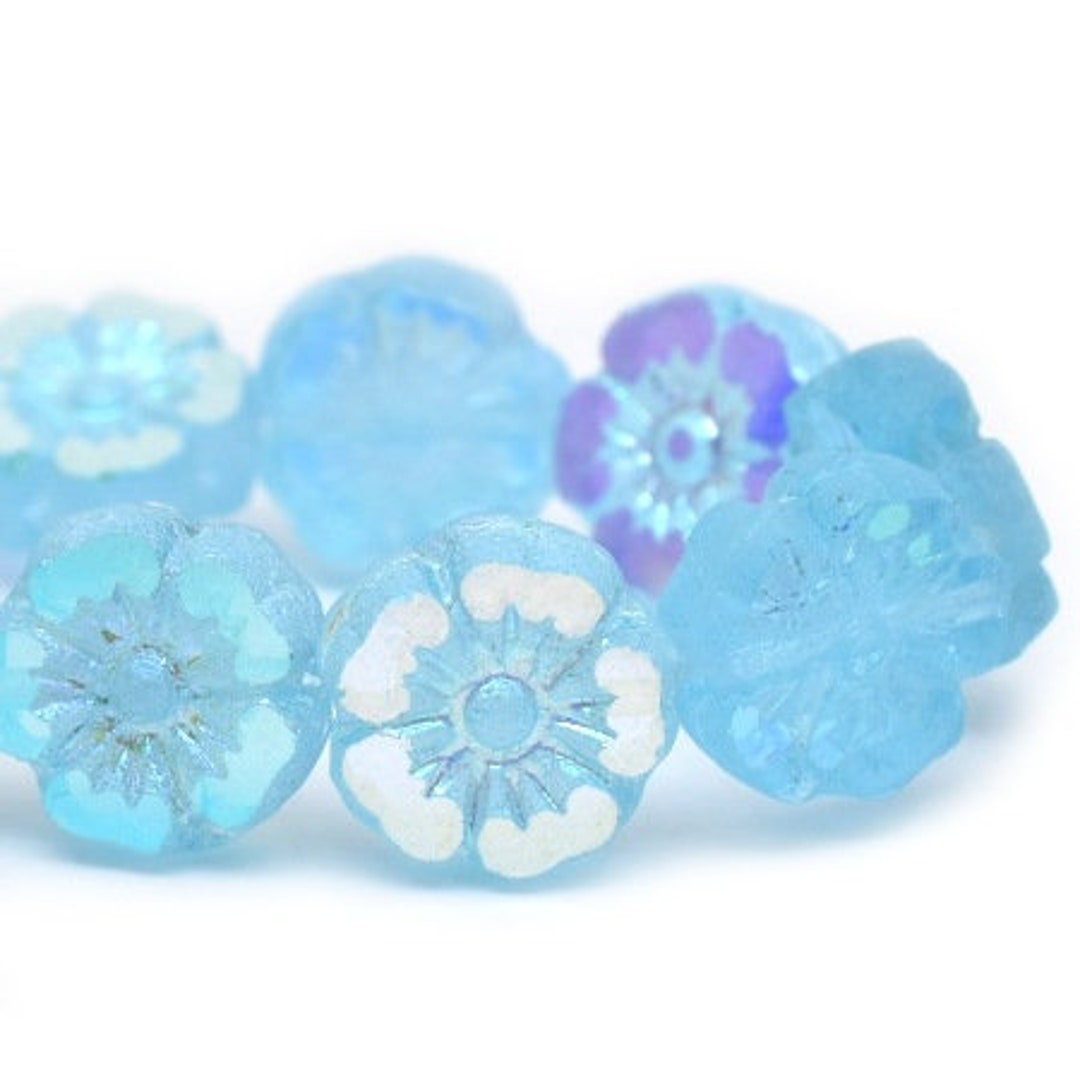 1643, 9mm Hibiscus Flower Baby Blue With Etched and AB