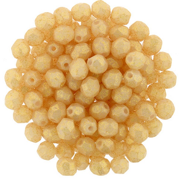 50, 04-S18C02010, HONEY Shimmer Milky White, 4mm Czech Fire Polished, Faceted Round Glass Beads, yellow, amber, beige, tan,  (4-4)