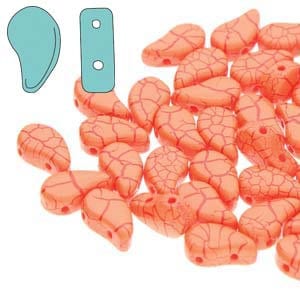May include: A pile of approximately 40 coral-colored glass beads in a teardrop shape with a cracked or textured surface.