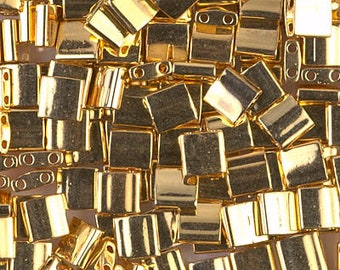 TL-191, 24KT GOLD Plated, 1-5grams, Miyuki, Tila Beads, 2 hole, 5x5x1.9mm, Beadweaving, yellow, gold, 24k, (Wt143),