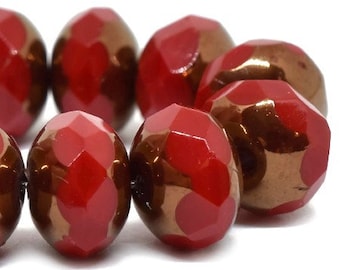 1190, 8x6mm Rondelle, Ruby Red with a Bronze Finish, Czech Rondelle Glass Beads (r83)