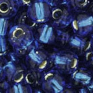 May include: A close-up view of a pile of small, round, blue glass beads. The beads have a metallic sheen and are arranged in a random pattern.
