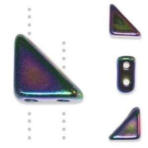 May include: Iridescent triangle-shaped beads in shades of green, purple, and blue. The beads have a glossy finish and two holes for stringing. Additional beads are shown in the image, including a cylindrical bead with two holes.