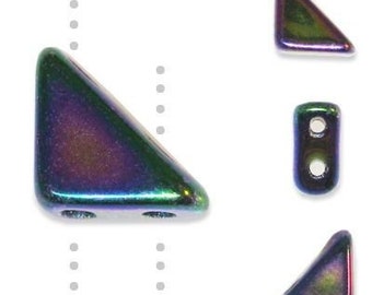 May include: Iridescent triangle-shaped beads in shades of green, purple, and blue. The beads have a glossy finish and two holes for stringing. Additional beads are shown in the image, including a cylindrical bead with two holes.
