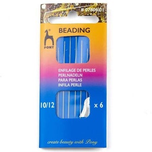 May include: A package of 6 beading needles, size 10/12, in a blue and yellow box with the text "BEADING" and "PONY" on it. The package also includes the text "ENFILAGE DE PERLES, PERLNADELN, PARA PERLAS, INFILA PERLE" and "create beauty with Pony".