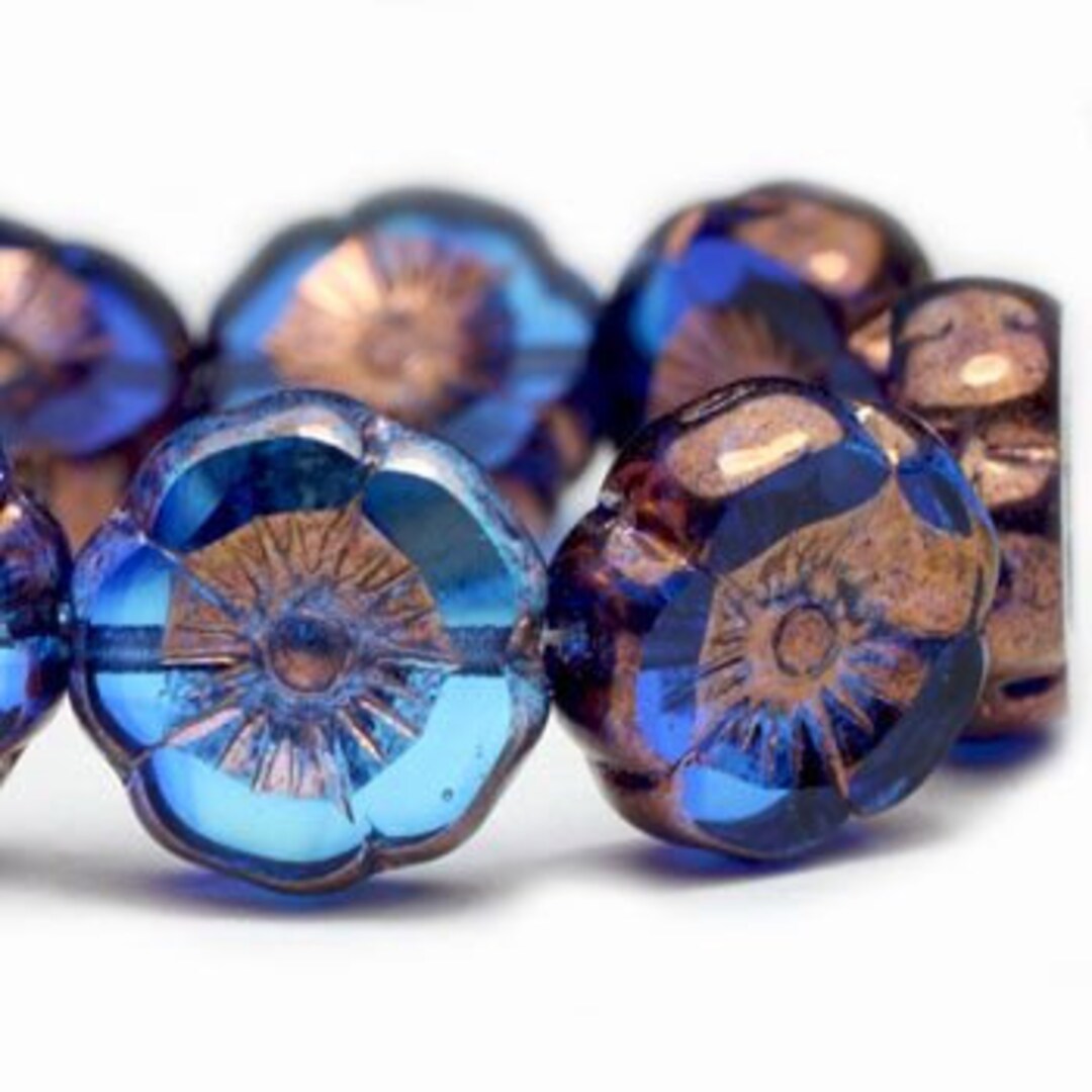 0572, 12mm Hibiscus Flower Sapphire and Sky Blue With Copper