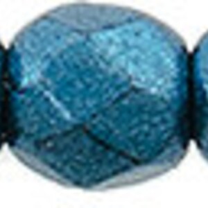 May include: Five faceted, metallic teal beads. Each bead has a rounded shape with multiple flat surfaces, creating a sparkling effect. The beads are strung together, suggesting their use in jewelry making or crafts.