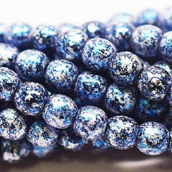 4mm, Round Druk, Granite Galaxy Lapis, Blue, White, Black, Czech Beads, (duk53)