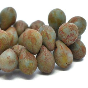 0050, Tea Green with a Burnt Orange Picasso Etched Finish, 5x7 drop beads, Kumihimo, Beadweaving,(n) (5x7-18)
