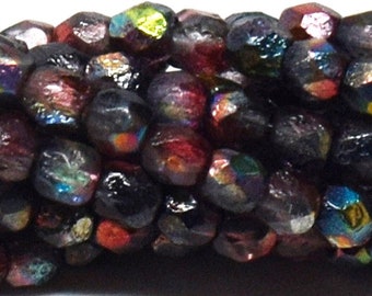 50, Mauve Celestial Etched, 3mm Czech, Round Fire Polished, Glass Beads, (3sp2)