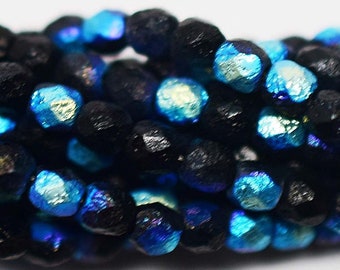 50, Black AB Etched, 4mm Czech, Round Fire Polished, Glass Beads, (4sp29)