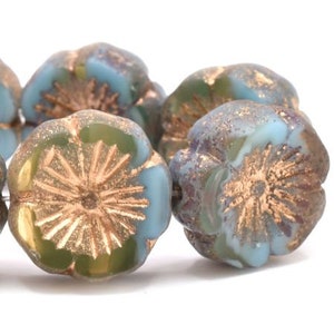 0512, 14mm Hibiscus Flower Sky Blue and Yellow with Etched, Bronze Finishes and Gold Wash (hb14-2)