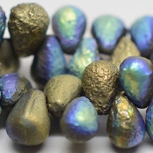 Matte GOLD ORE AB Etched, 4x6, 6x4mm drop beads, tear drops, orange, gold, copper, Kumihimo, Knitting, Beadweaving, (b) (4x6-46)