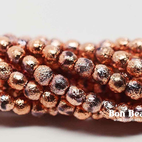 4mm, Copper Ore Etched Druks, Round Druk, Czech Beads, (duk42)