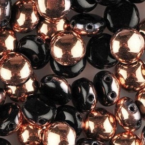 May include: A mix of black and copper glass beads with a rounded, slightly flattened shape. Each bead has two holes for stringing.