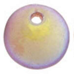 May include: Three round, flat, red-brown coloured beads with a small hole in the centre. The middle bead has an iridescent finish.