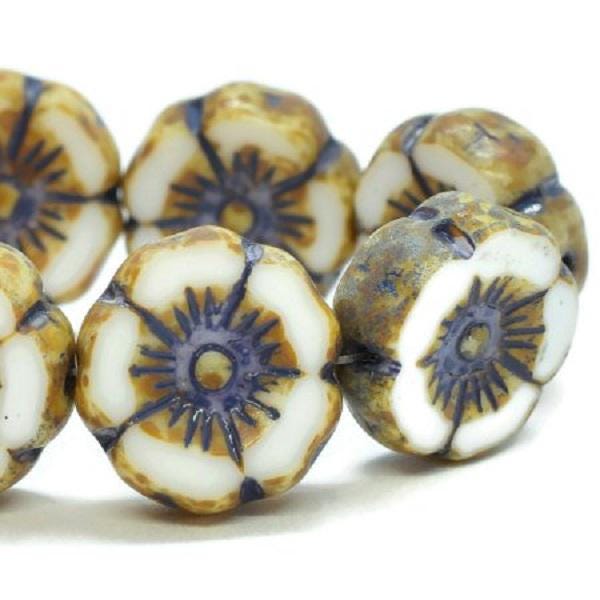 0889-B, 12mm Hibiscus Flower, White With Picasso & Etched