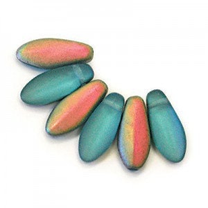 Frosted Aqua Vitrail, dolken van 3 x 11 mm, zijgeboord, Tsjechische glazen dolken, minidolken, (md54)