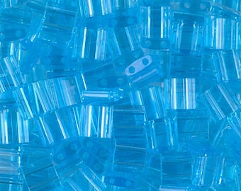 TL-148 Transparent AQUA, 5-15 grams, Miyuki, Tila Beads, 2 hole, 5x5x1.9mm, blue, aqua, (wt150)