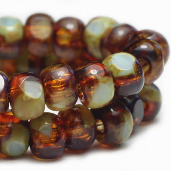 1152, 3x4mm Amber and Tea Green with Picasso Finish,Trica Beads, Transparent/Semi Opaque, Czech Tri Cut Glass Beads (tri5)