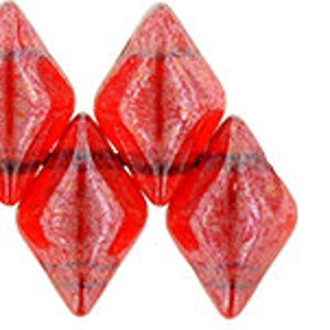 May include: A set of six red diamond-shaped glass beads with a textured surface. The beads are approximately 10mm in size.