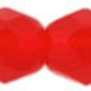 May include: A strand of red faceted glass beads. The beads are round and have a slightly elongated shape.