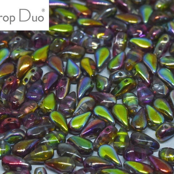 DropDuo, CRYSTAL MAGIC APPLE, Czech Glass, 2 hole, 3x6mm, crystal, clear, purple, gold, rainbow,  Kumihimo, Beadweavng, (dd24)