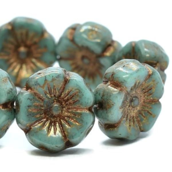 1222, 12mm Hibiscus Flower, Sea Green with a Gold Finish and Wash, (hb12-9)