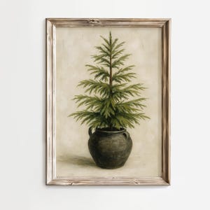 May include: A framed vintage print of a green evergreen tree in a dark, round pot. The artwork has a neutral background and a rustic wooden frame, creating a classic, botanical aesthetic.