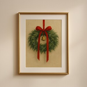Christmas Wreath Wall Art | Holiday Greenery with Red Bow and Bell | Rustic Farmhouse Christmas Print. Christmas Print Wall Art