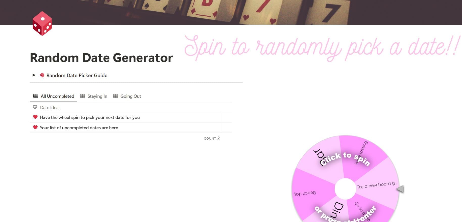 Rdates Generator Couples Journal and Date Night Planner | Date Generator| Date Ideas ...