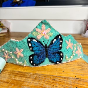 Blue Menelaus Morpho Butterfly Crown, hand felted, butterfly crown, birthday crown, fairy crown, Waldorf crown