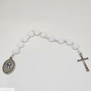 Mini One Decade White Glass Rosary | First Communion Medal