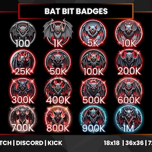 Puede incluir: Un conjunto de insignias con temática de murciélagos para Twitch, Discord y Kick, con números de 100 a 1M. Cada insignia tiene un esquema de color rojo y negro, con tamaños de 18x18, 36x36 y 72x72. El texto "BAT BIT BADGES" está en la parte superior.