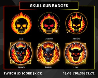 Flaming Skull Sub Badges | Kick Emotes| Skull Twitch Sub Badges |Loyalty Badges | Dark Theme | Demon Badges | Gothic Badges | Skull Badges |