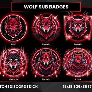 Puede incluir: Un conjunto de seis insignias de suscripción con temática de lobo, rojas y negras, para Twitch, Discord y Kick. Cada insignia presenta un diseño detallado de cabeza de lobo dentro de un marco circular o geométrico, con texto que indica la duración de la suscripción. El texto "WOLF SUB BADGES" está incluido.