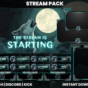 Moonlit Wolf Stream Pack | Wolf Streaming Bundle | Howling Wolf Twitch Package | Lunar Wolf Stream Overlay Set |Night Wolf Stream Design Kit
