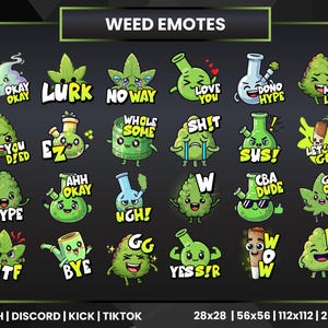 Puede incluir: Una colección de emoticonos de dibujos animados verdes con temática de hierba, con diversas expresiones y bocadillos de texto. Los emoticonos incluyen hojas de cannabis, bongs y cogollos, con frases como "Okay", "Lurk" y "Much Love".
