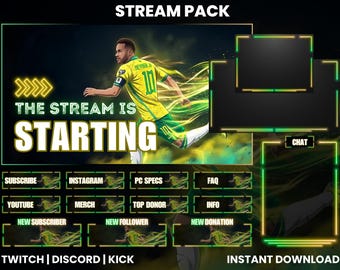 Neymar Twitch Stream Overlay Pack | Soccer Stream Package Animated | Neon Green Yellow Brazil Theme | Kick YouTube Instant Download