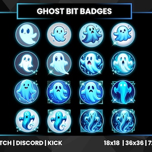 Könnte beinhalten: Eine Sammlung von sechzehn blauen Abzeichen mit Geistermotiven für Twitch, Discord und Kick. Jedes Abzeichen zeigt ein anderes Cartoon-Geisterdesign in einem kreisförmigen oder quadratischen Rahmen. Der Text "GHOST BIT BADGES" steht oben.