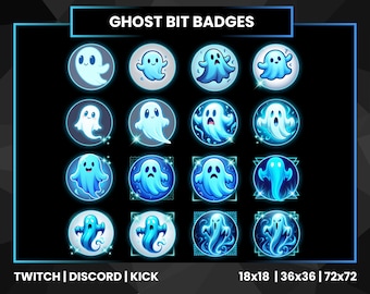 May include: A collection of sixteen blue ghost-themed badges for Twitch, Discord, and Kick. Each badge features a different cartoon ghost design within a circular or square frame. The text "GHOST BIT BADGES" is at the top.