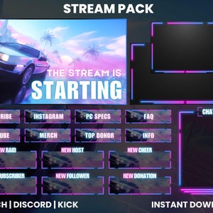 Peut inclure: Un pack de flux numérique avec une esthétique rétro synthwave. Le graphique principal présente une voiture avec le texte "THE STREAM IS STARTING". Comprend des panneaux pour le chat, l'abonnement et d'autres fonctionnalités de streaming. La palette de couleurs est bleue, rose et violette.