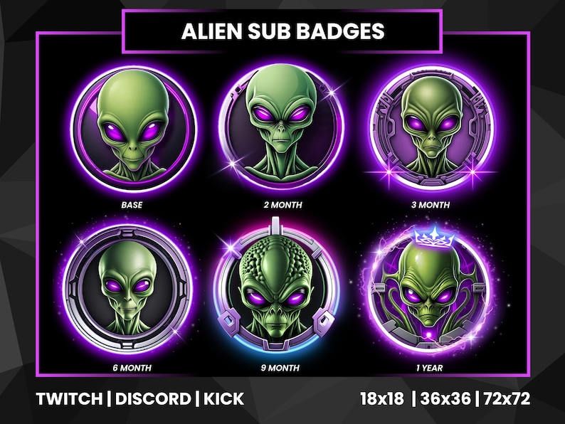 Glowing Alien Twitch Sub Badges | Purple Accent Stream Loyalty Badges ...