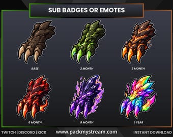Monster Claw Sub Badges for Twitch, Kick  Discord – Fire, Crystal & Dragon Tier Loyalty Badges, Instant Digital Download