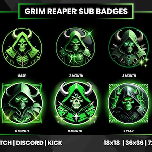 Green Grim Reaper Sub Badges for Twitch | Green Scythe Skull Badges| Death-Themed Twitch Badges | Discord  Kick |