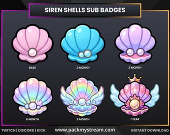 Mermaid Sea Shell Sub Badges for Twitch, Pastel Ocean Pearl Bit Badges for Discord Kick | loyalty Badges