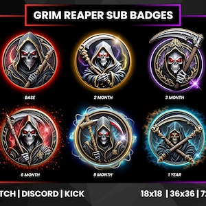 Grim Reaper Sub Badges for Twitch | Scythe Skull Badges| Death-Themed Twitch Badges | Discord  Kick |