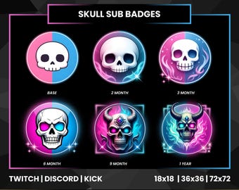 Neon Skull Twitch Sub Badges | Kick Emotes|Demon Streamer Pack (PNG)