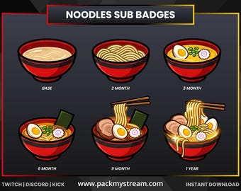 Noodle Ramen Sub Badges for Twitch, Discord | Kawaii Japanese Food Stream Emotes (PNG)